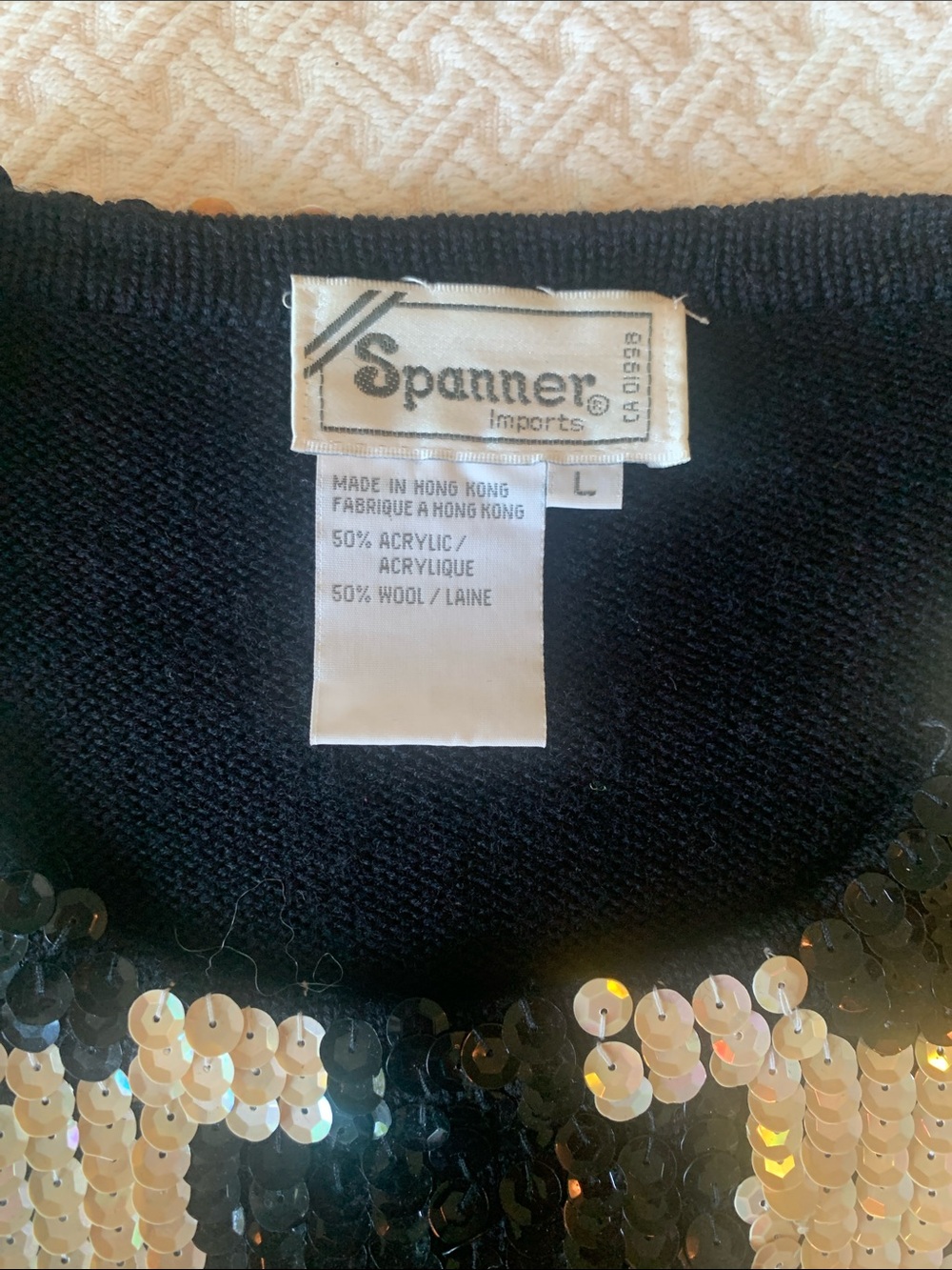 Vintage Sequin Checkerboard Wool Knit Sweater Black/Cream Size L - Picture 4 of 8